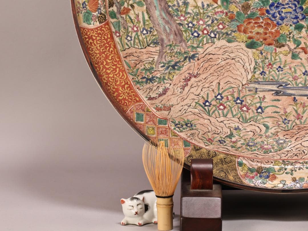 BK439　古九谷青手庄三造乃図　飾皿　二重角福　共箱　大皿　直径58㎝