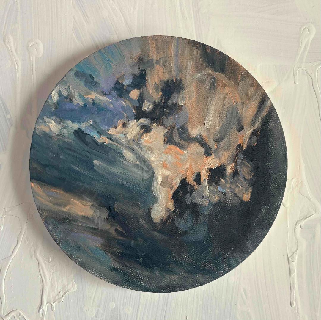 絵画「Khaos」家の上空　油彩・原画・直径30㎝　丸形・アートパネル