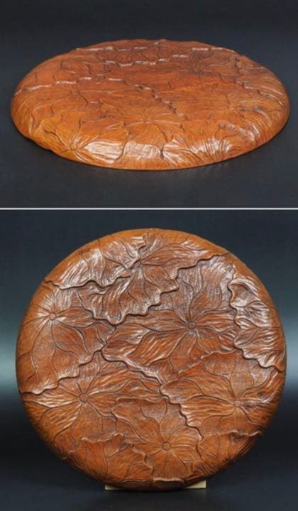 送料無料　時代物 蓮花総彫り盆 径26ｃｍ 大珍品　茶道具
