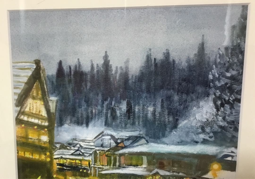 油彩画「　温泉街の冬景色　」額入