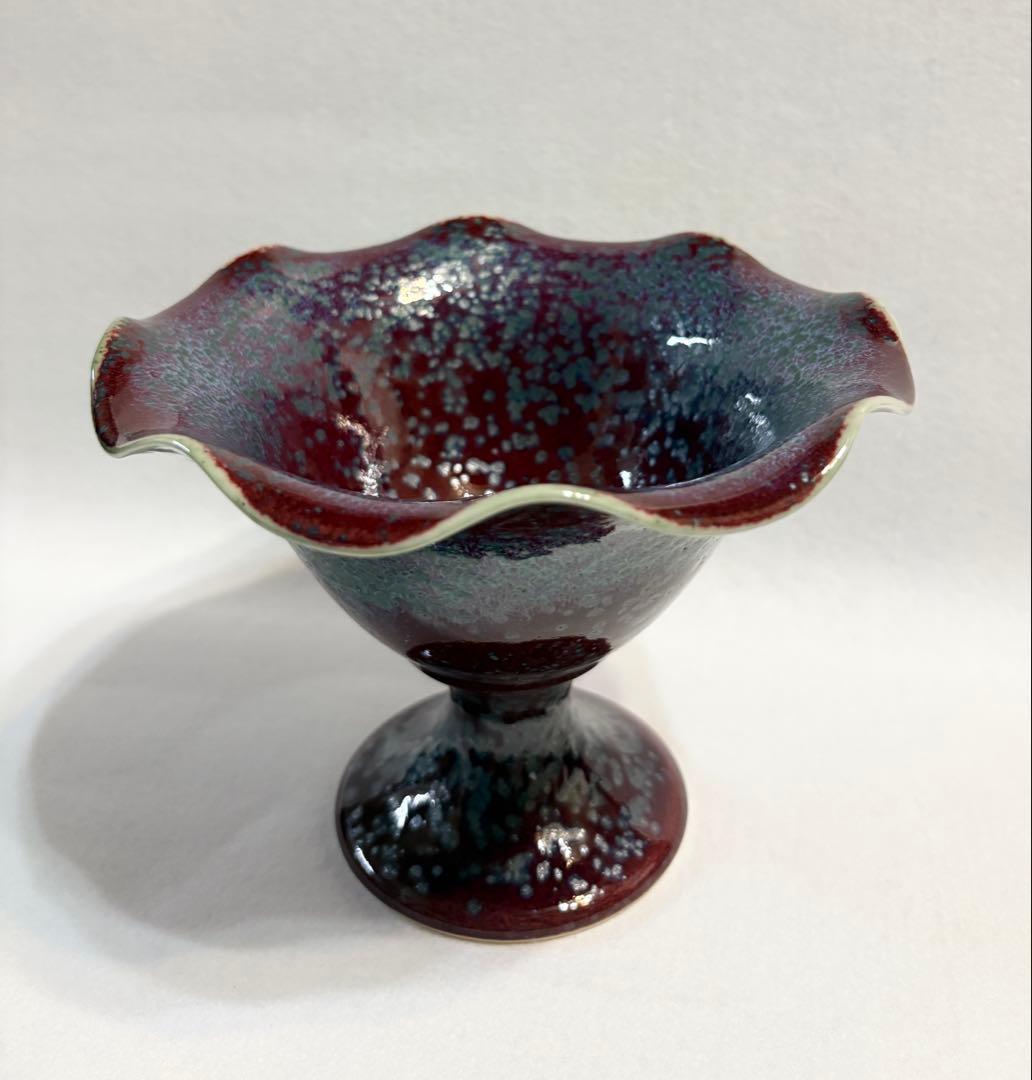 四郎作 有田焼 天目釉 高台菓子器 窯変 結晶釉 曜変調 脚付菓子鉢 茶道具