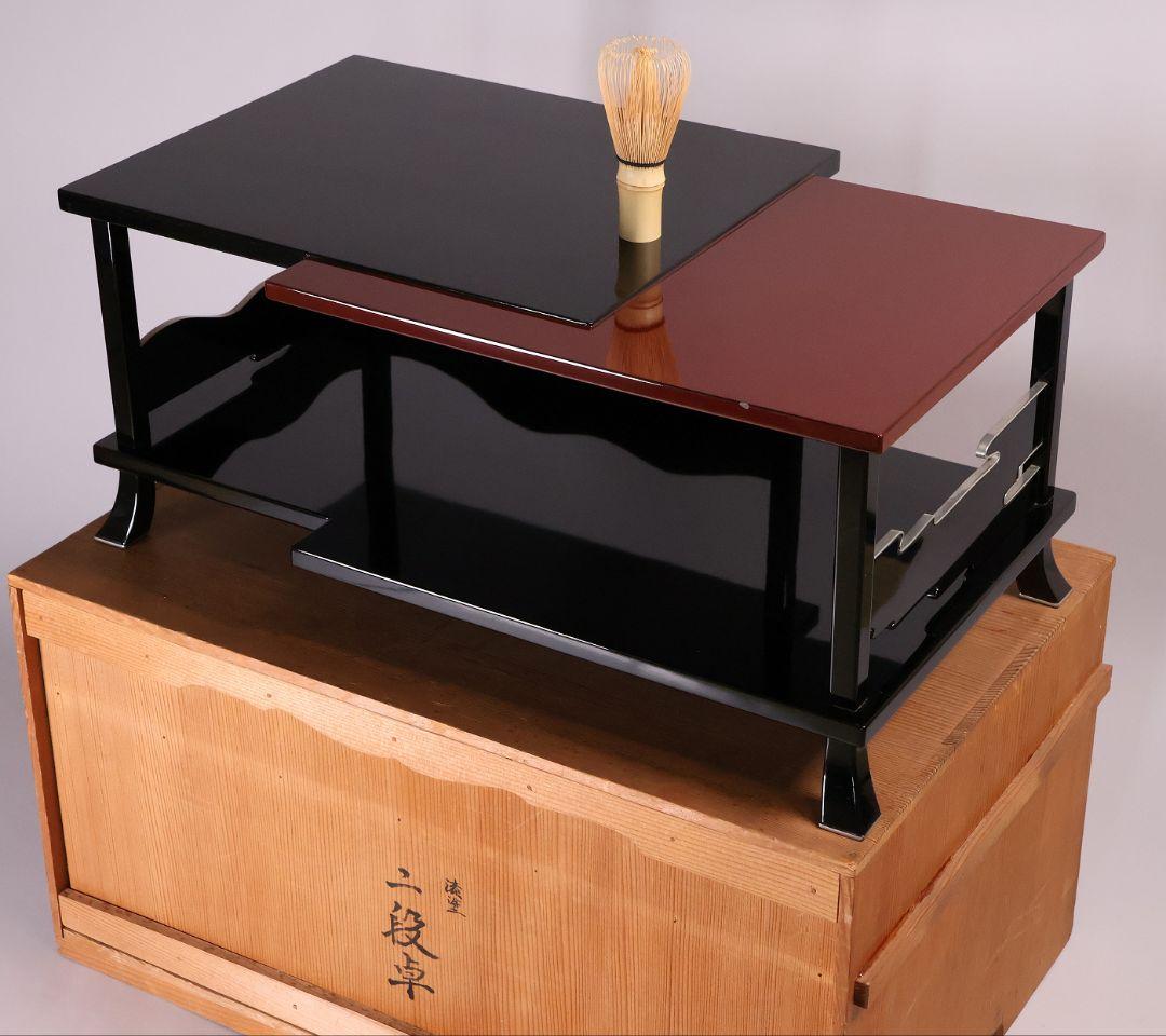 漆芸 二段卓 黒塗 うるみ塗 木製 錫覆輪 54.2cm 花台 古道具【MB58