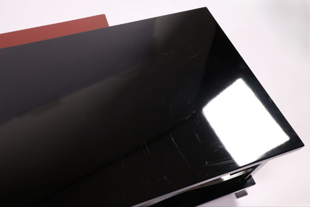 漆芸 二段卓 黒塗 うるみ塗 木製 錫覆輪 54.2cm 花台 古道具【MB58