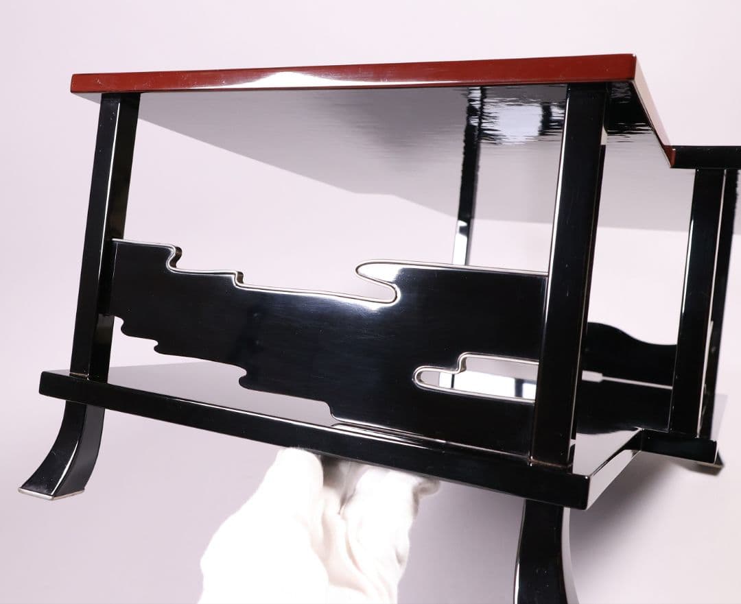 漆芸 二段卓 黒塗 うるみ塗 木製 錫覆輪 54.2cm 花台 古道具【MB58