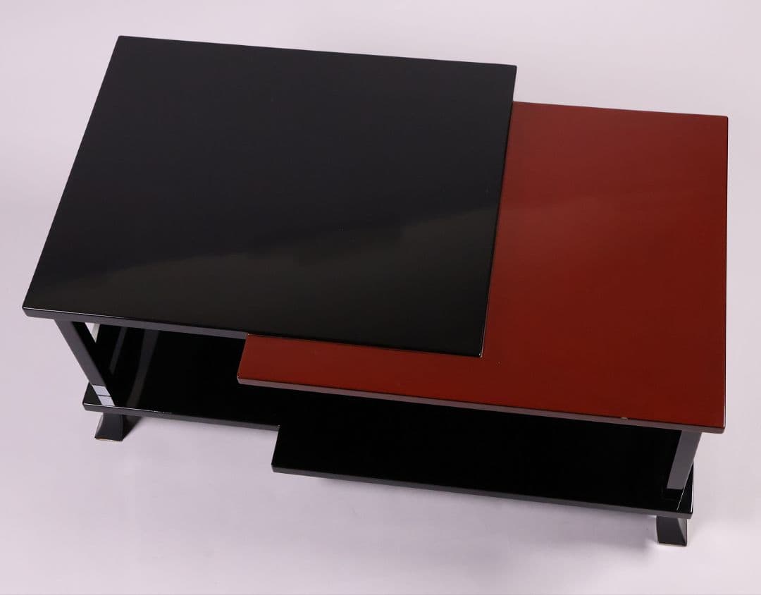 漆芸 二段卓 黒塗 うるみ塗 木製 錫覆輪 54.2cm 花台 古道具【MB58