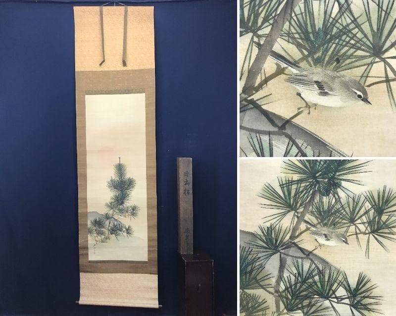 【真作】渡辺南岳/日ノ出若松小禽図/松図/正月掛/掛軸/名家伝来/AC-56