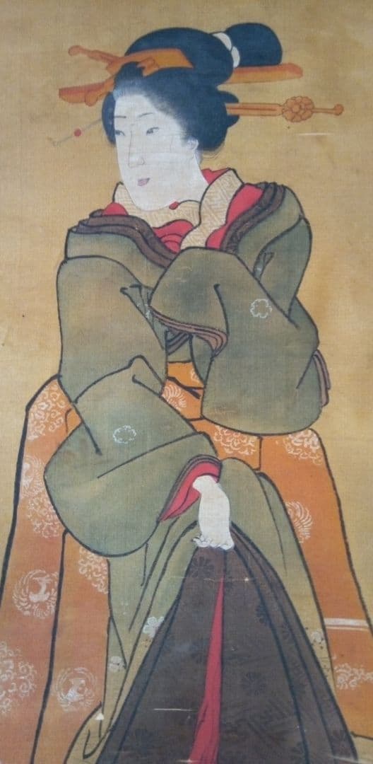掛け軸、浮世絵美人画絹本、小磯崎雪窓画(浮世絵名歌川芳秀）