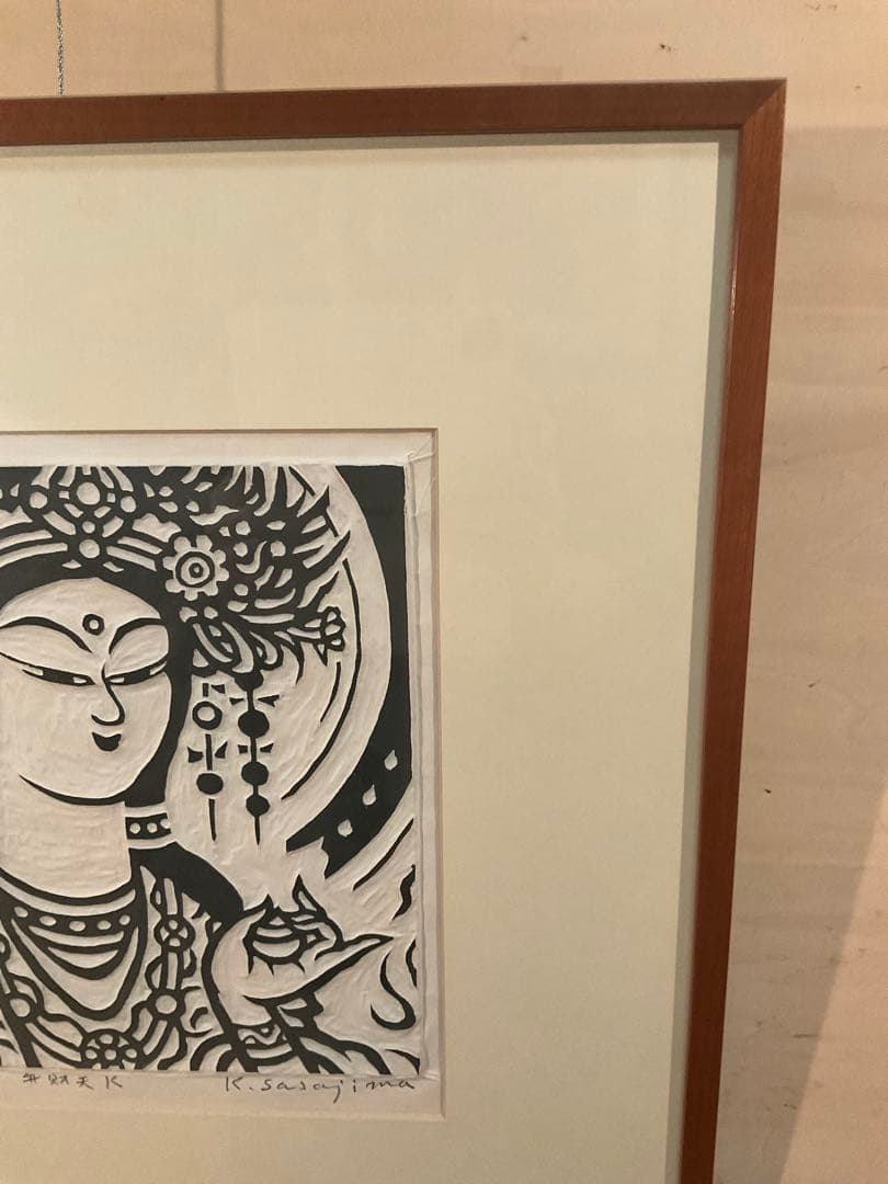 笹島喜平　「弁財天K」　拓刷り木版画　直筆サイン・落款・エディション有り