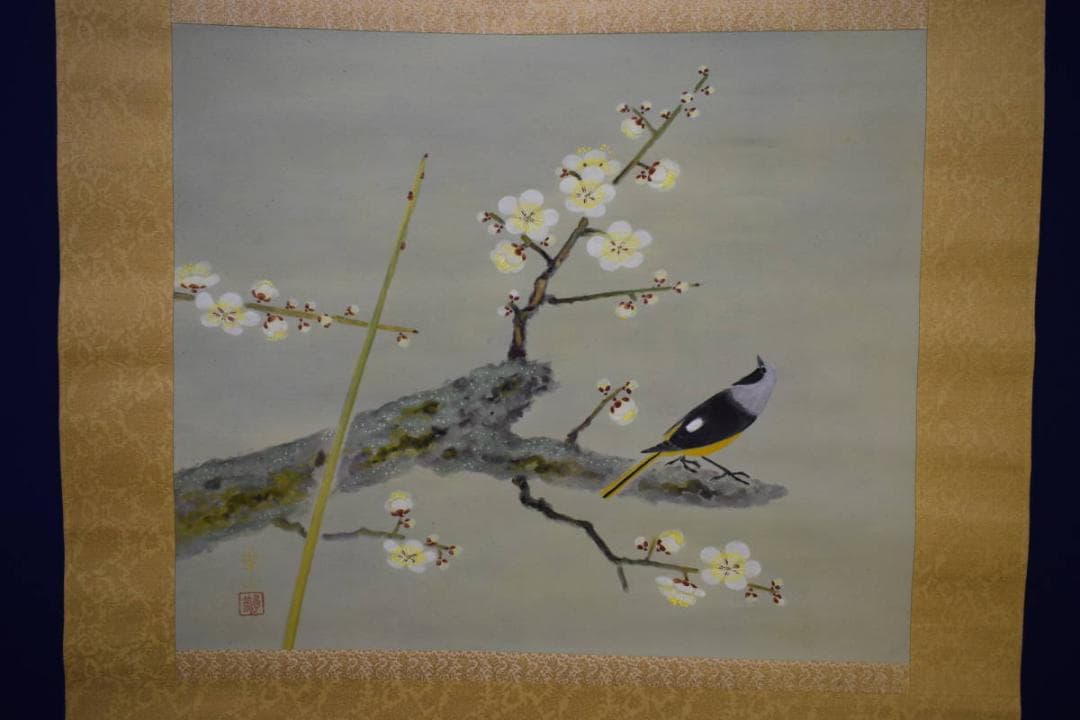 真作/島津崋山/白梅小禽図/桐共箱二重箱付/布袋屋掛軸HH-79