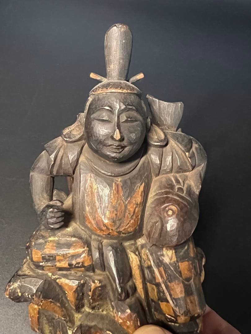 江戸後期〜明治初期 木彫 恵比寿像 ◎一木彫／古色自然／数寄者好み◎古美術庵々