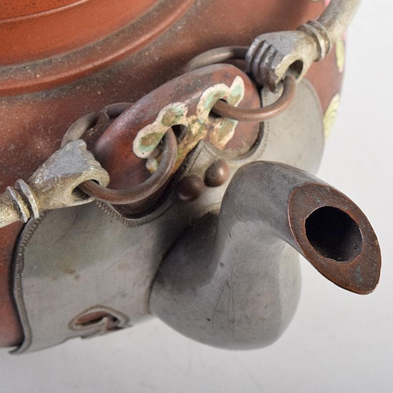 中国　鮑県泰製　宣興紫砂　朱泥　古錫装飾　花文　急須　茶壷　D　R8782