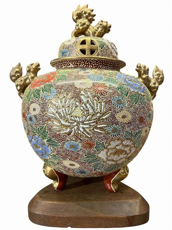 ※専用　九谷焼 金彩色絵 花尽し 花詰文 獅子摘 金襴手 大香炉 約46cm