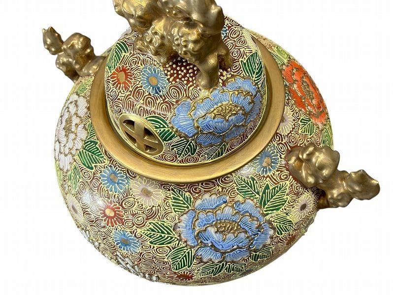 ※専用　九谷焼 金彩色絵 花尽し 花詰文 獅子摘 金襴手 大香炉 約46cm