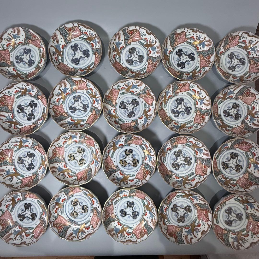 豪商旧蔵品　明治期　色絵鯉千鳥文膾皿　金蘭手　二十客　上手　金鯉　松竹梅　青海波