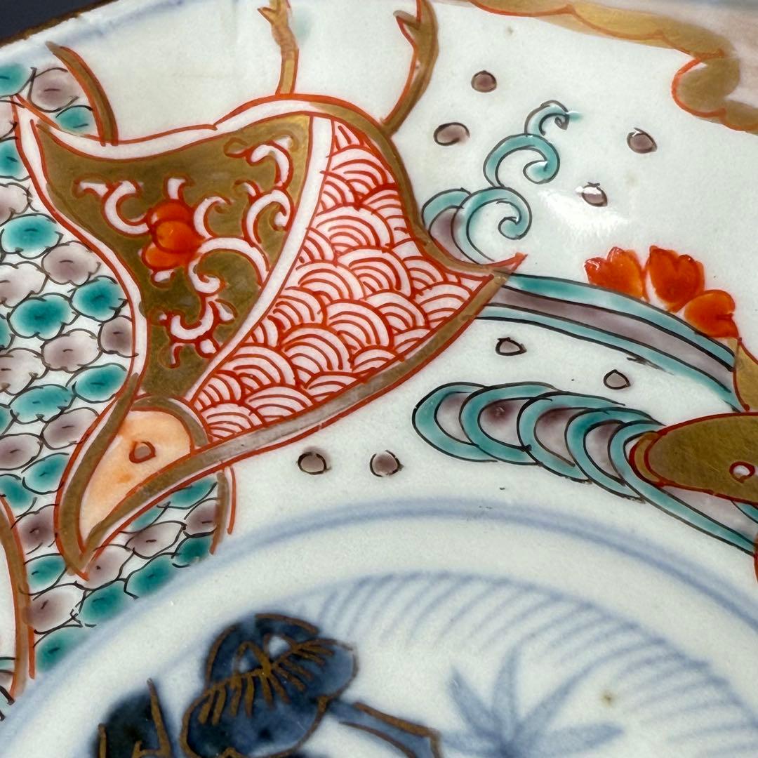 豪商旧蔵品　明治期　色絵鯉千鳥文膾皿　金蘭手　二十客　上手　金鯉　松竹梅　青海波