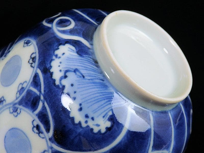 古伊万里　染付　鼓に調緒の図　蓋茶碗　江戸期　E213AS-CHl