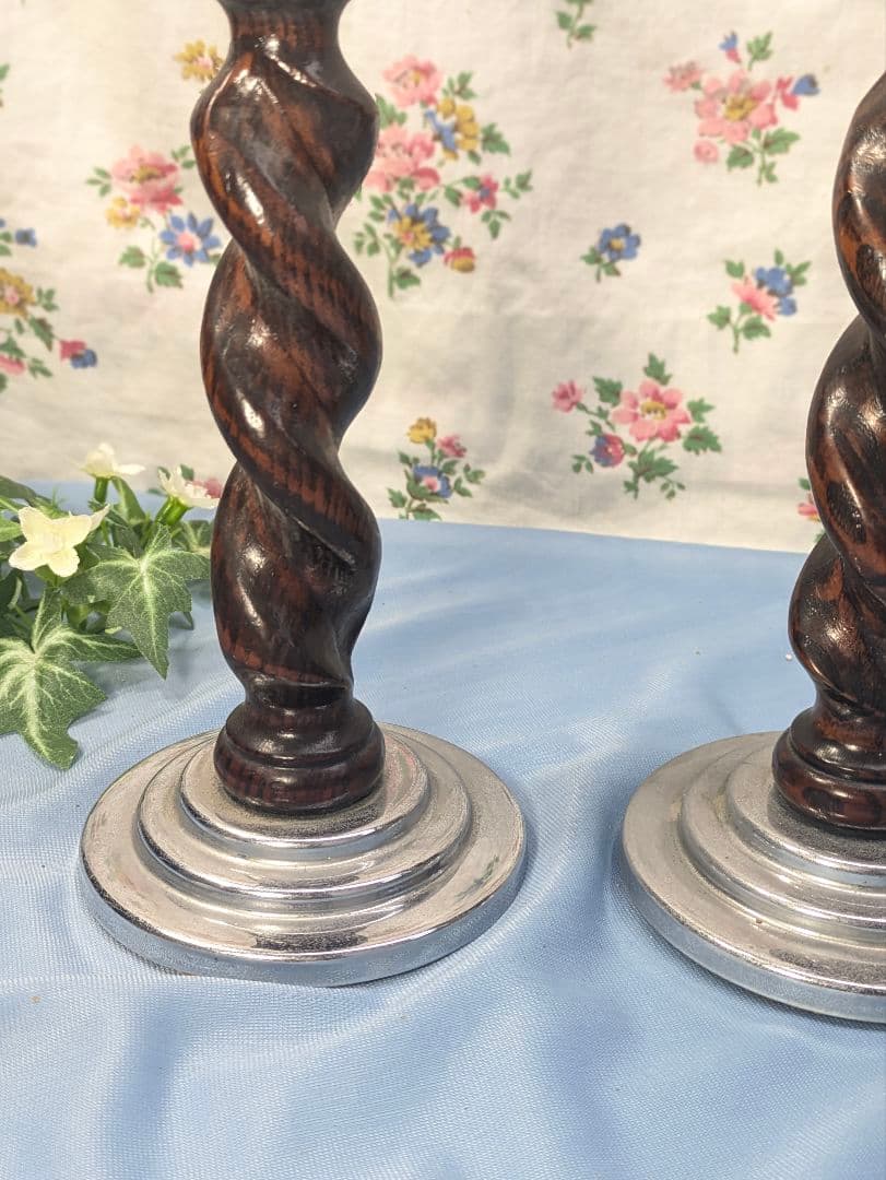 イギリス アンティーク オーク材 キャンドルスタンド ペア ２個セット