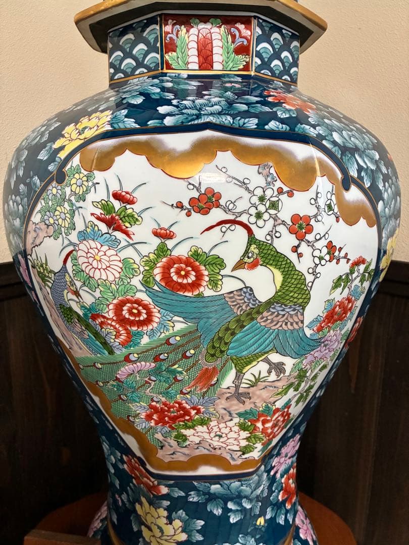有田焼 特大 染付 牡丹孔雀図 飾壷 光右衛門作 三段壷 置物　約100cm