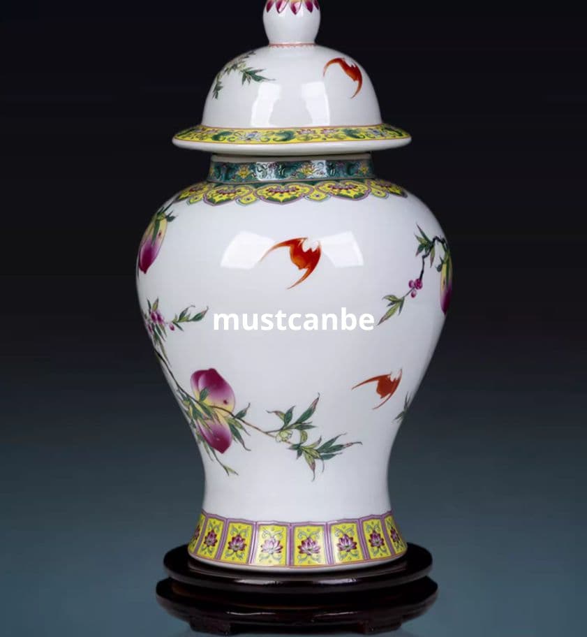 パステル九桃将軍缶 貯蔵物缶 景徳鎮 陶磁器装飾品 現代工芸品 美術品 置物