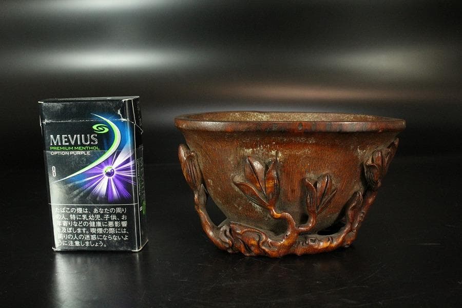 中国美術 竹根 刻 蓮花 碗 洗 13cmx9cm 文房四宝(K-LC561)