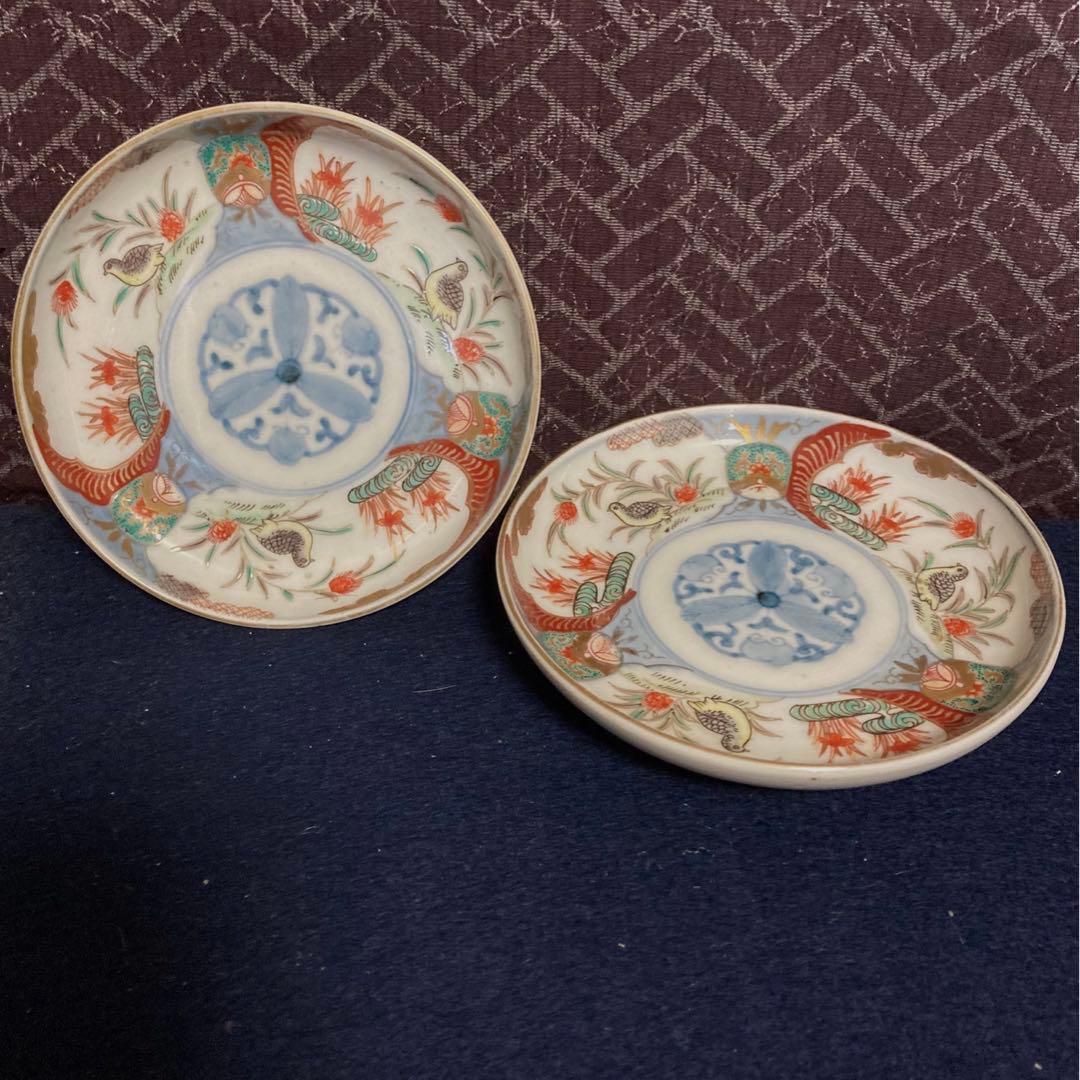 伊万里　丸にミツ柏鶉紋皿一対　山之内家