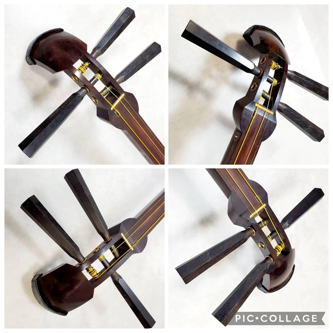 ジャンク 津軽三味線 東さわり 丸打胴 犬皮 中棹 紫檀 三つ折り ハードケース