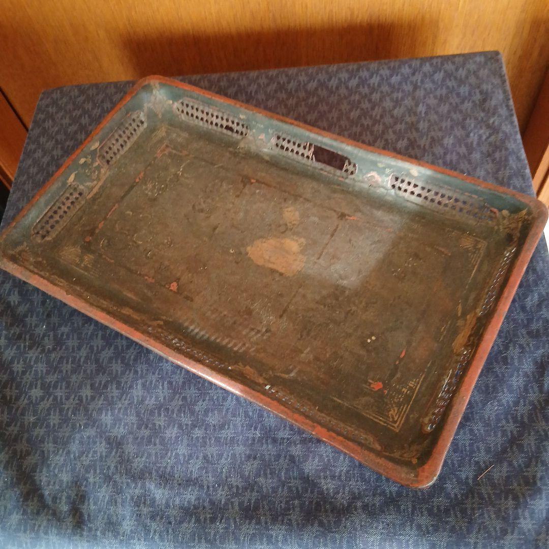 木製長方形トレイ 金彩と赤色花柄装飾