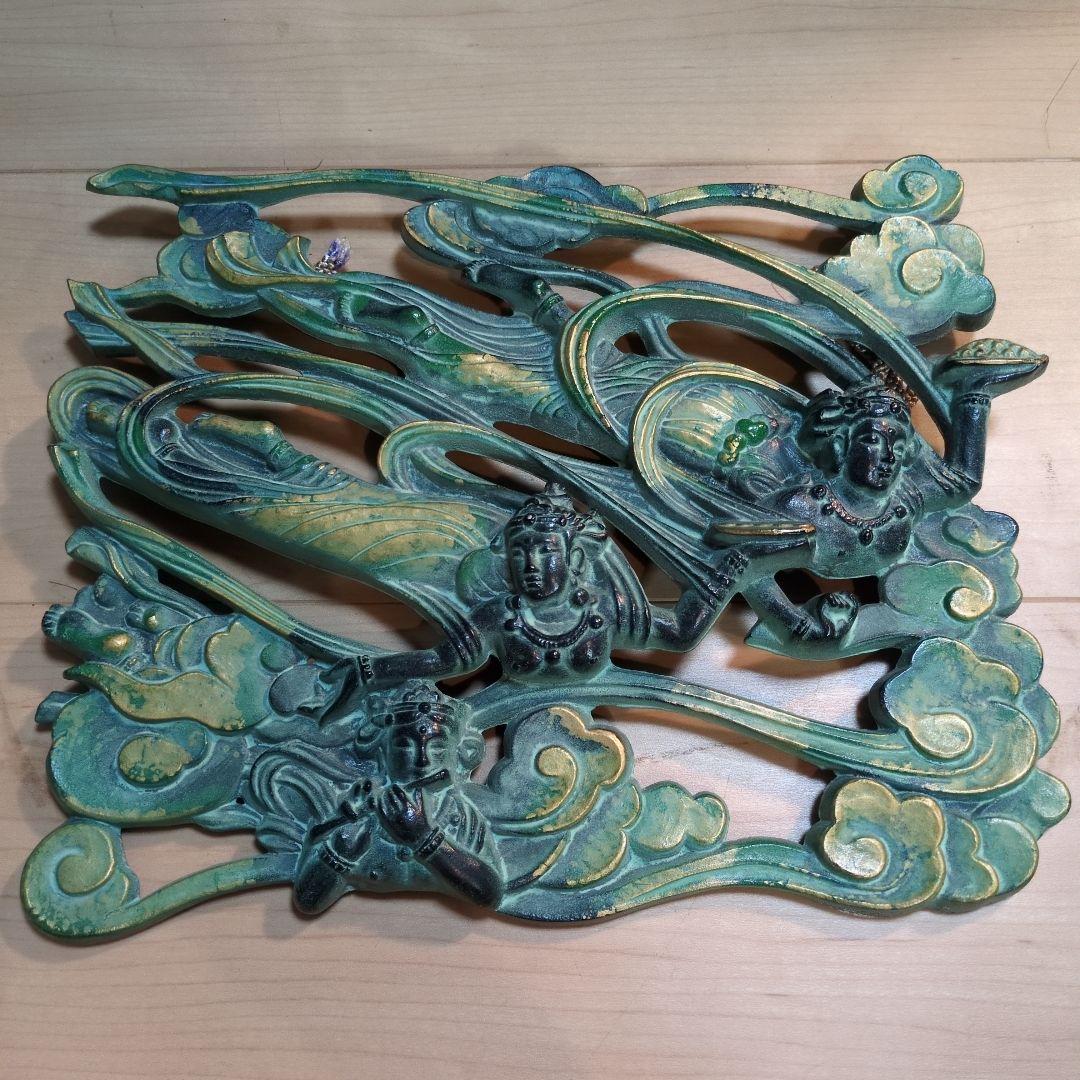 弥左エ門作 法隆寺の飛天を模したレリーフ 緑青色 飾り物