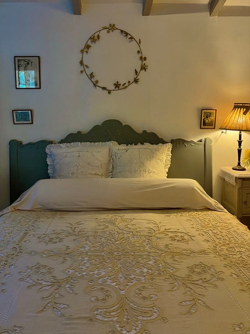 ◆フランスアンティークお宝級手刺繍超大判テーブルクロス大きいベッドカバーソファー