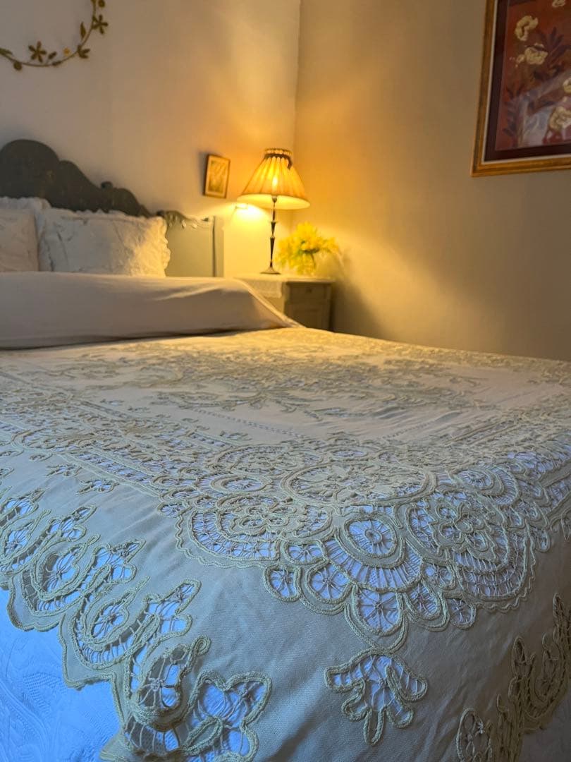 ◆フランスアンティークお宝級手刺繍超大判テーブルクロス大きいベッドカバーソファー