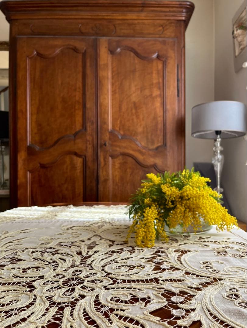 ◆フランスアンティークお宝級手刺繍超大判テーブルクロス大きいベッドカバーソファー