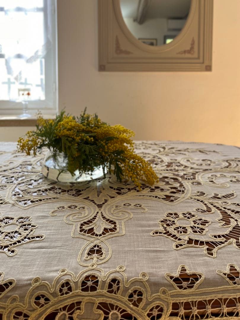 ◆フランスアンティークお宝級手刺繍超大判テーブルクロス大きいベッドカバーソファー