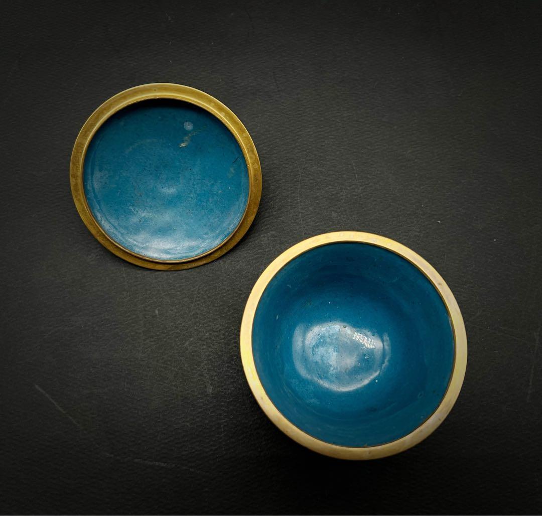 希少品 中國美術 古玩 景泰藍 京法 七宝焼梅紋樣茶碗 台座付き 茶道具