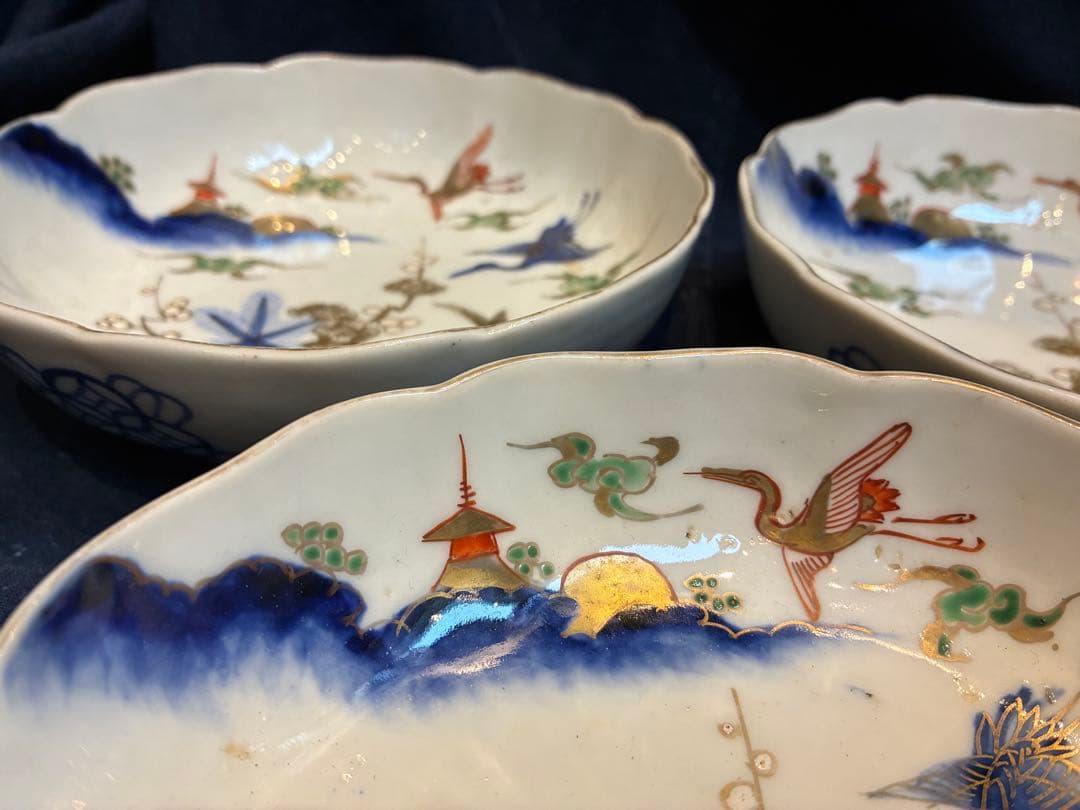 古伊万里　色絵金彩　なます皿　3枚　雲鶴　松竹梅　傷なし　明治