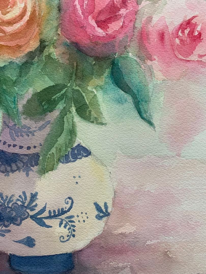 透明水彩画原画一点物デルフト焼きの花瓶と春の精②