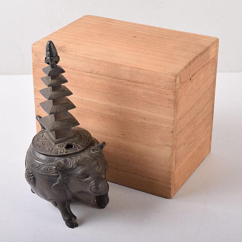 中国　古銅　唐銅　神獣五重塔　香炉　M　R8731