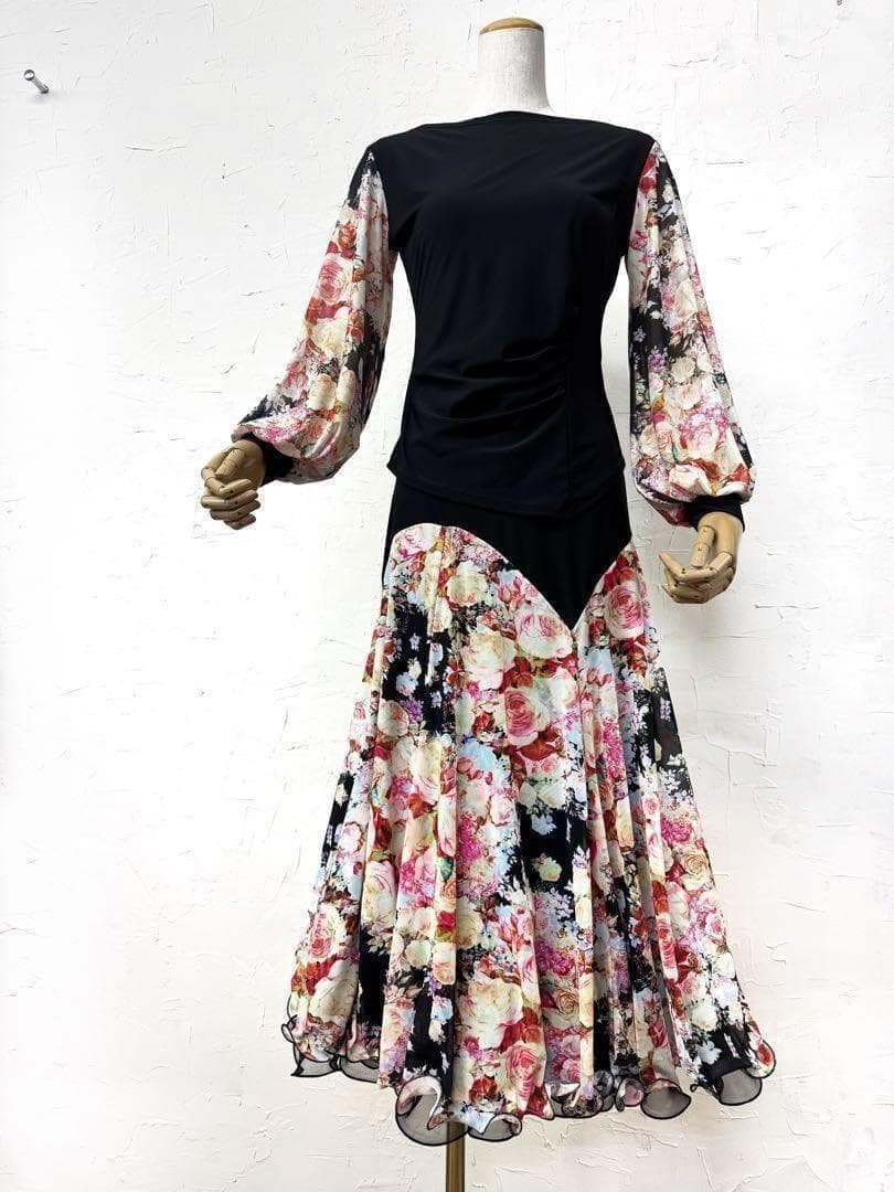 【パーティーに】新品　社交ダンス　バルーン袖　花柄セットアップ黒ｂ301