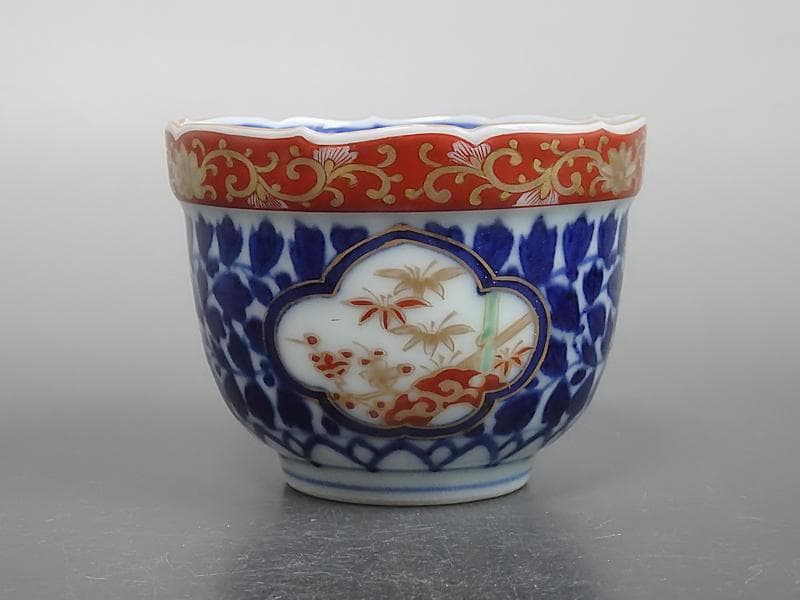 大聖寺伊万里　染錦　窓絵　葉唐草の図　向付　２客　D686AS-BDu