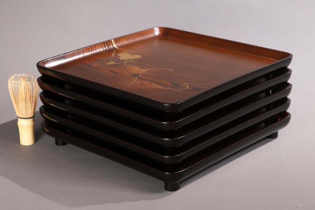 CL77 能登輪島塗 蔦金蒔絵 欅地 木地呂塗 足付四方膳 五客 木製漆器