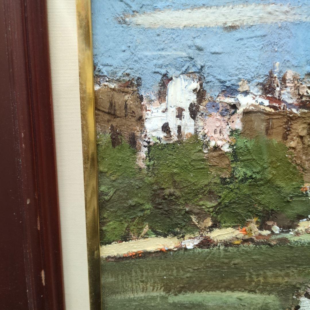 おすすめの油絵です。友成春雄の「セーヌ川畔」F3の風景を描いた油彩画です