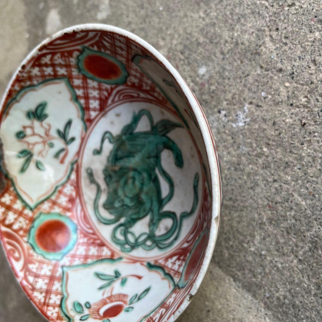 骨董　古犬山焼　赤絵　赤玉　なます皿　菓子器　獅子　中深鉢　江戸後期　金継ぎ