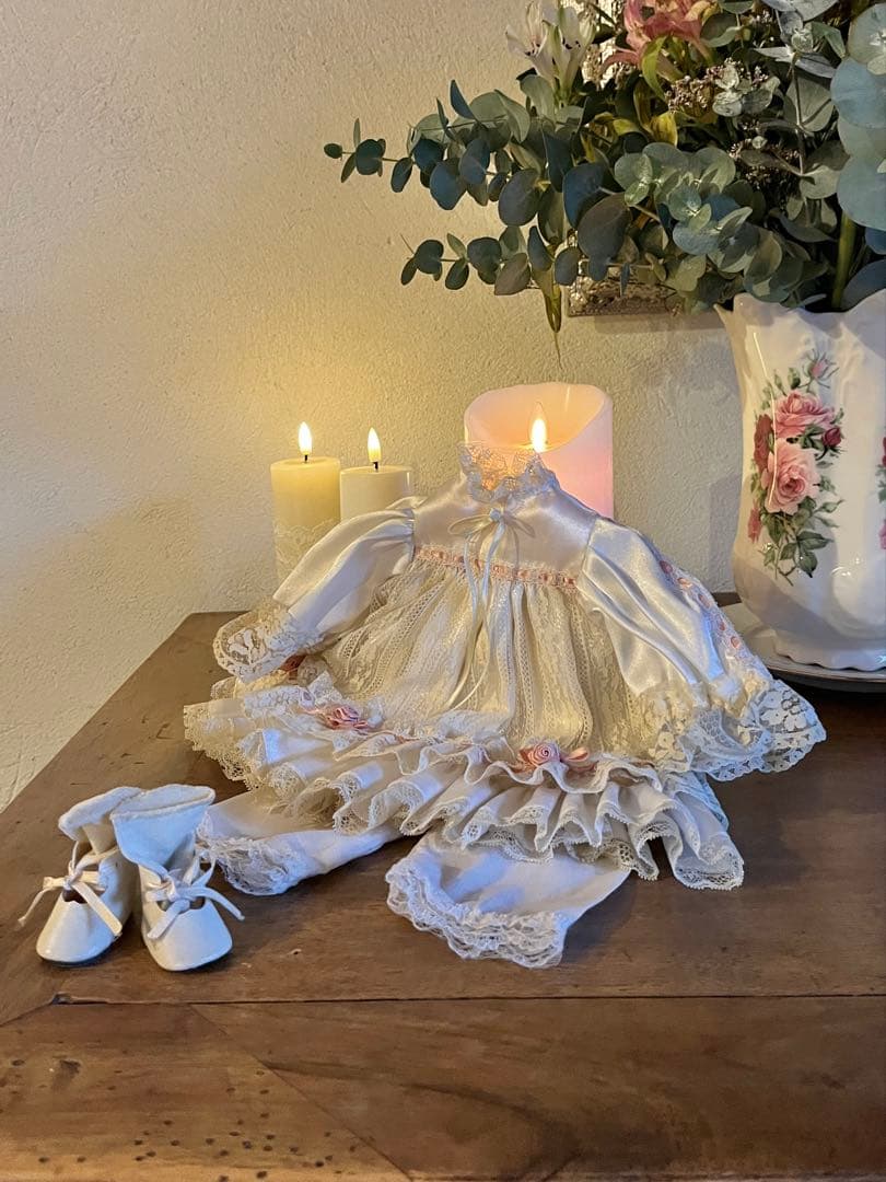 ◆フランスアンティーク｜限定1セットビスクドールフリルレスドレス靴ペチコート靴下