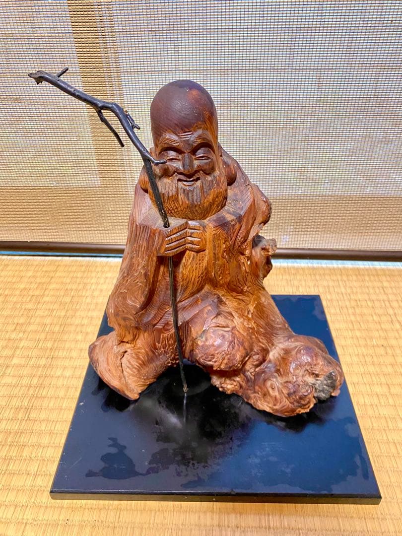 【昭和レトロ】寿老人 木彫り 置物 根木彫 一刀彫 七福神 縁起物 長寿 骨董