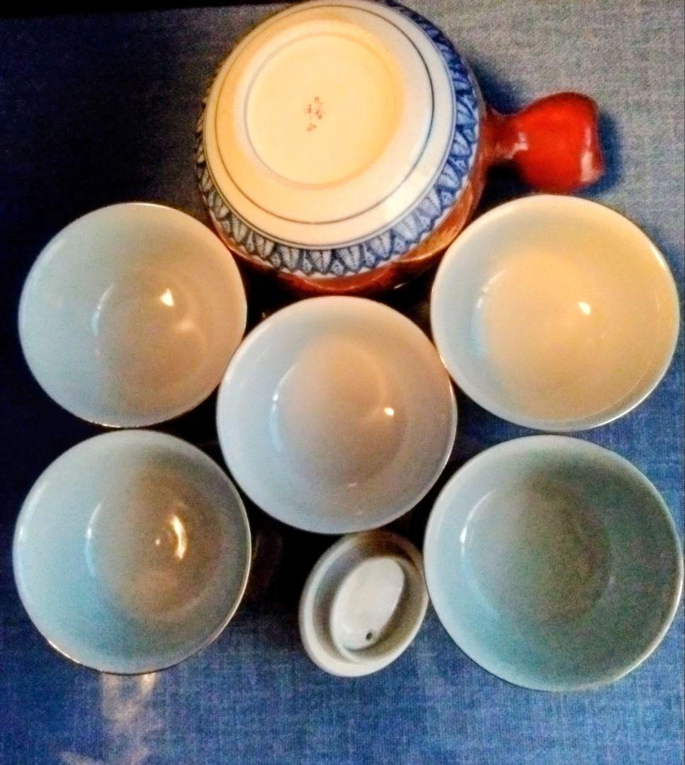 九谷焼煎茶揃　赤金花柄急須と茶碗セット