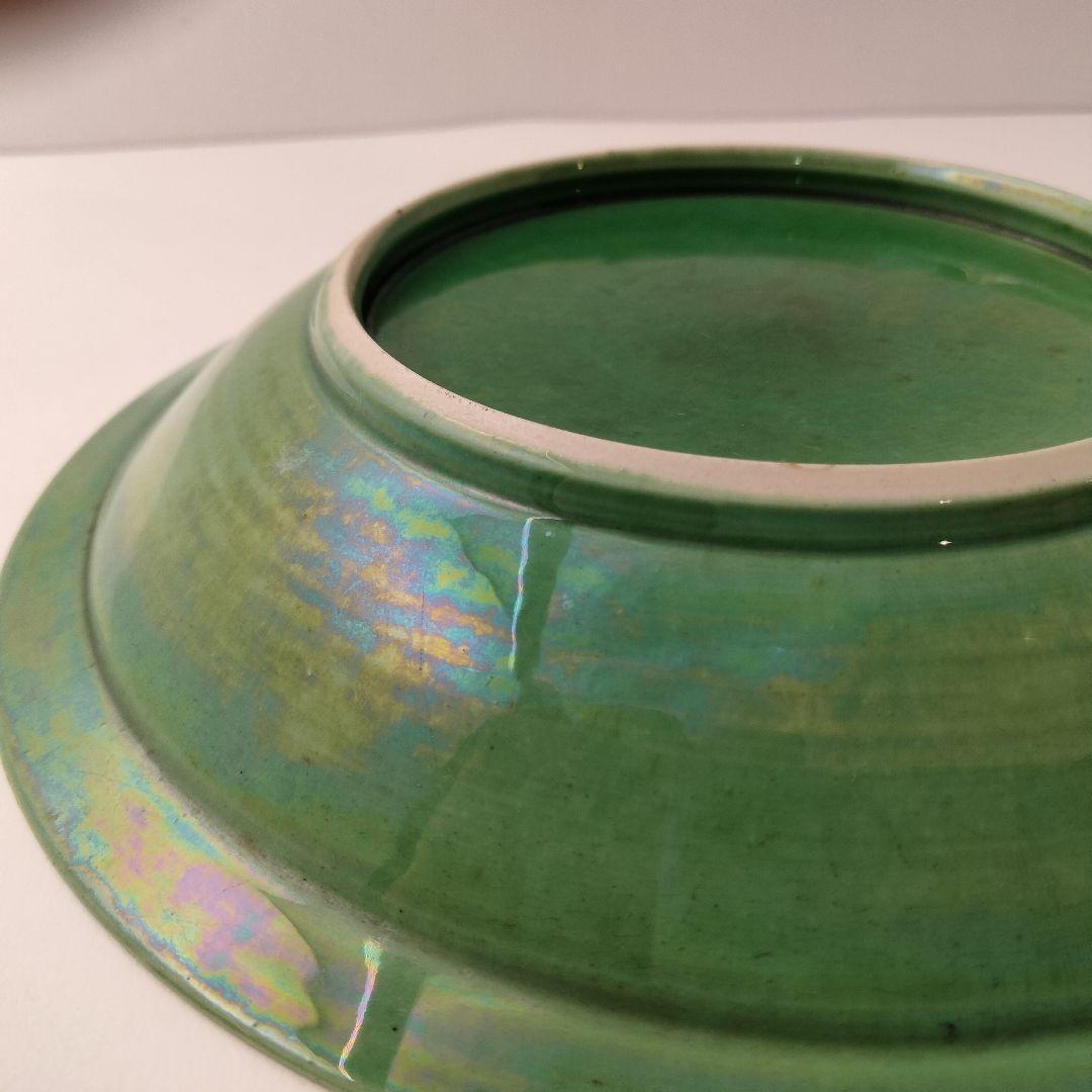 M267-2 中国 新渡緑釉飾り皿 唐物緑釉盤 中央花彫刻 皿 直径15㎝