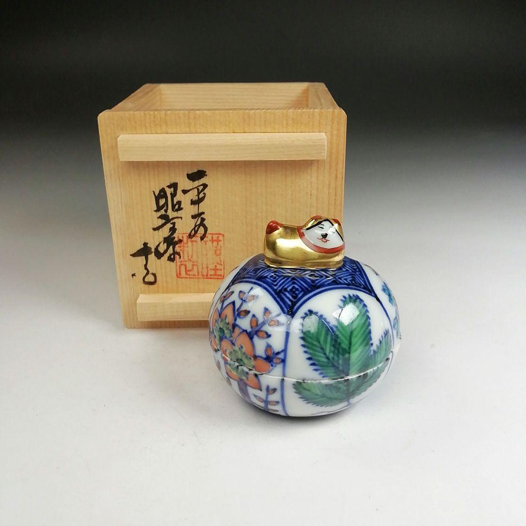 Ｔ８３９　香合　『干支　色絵　戌』『平安　高野昭阿弥 造』　共箱　茶道具