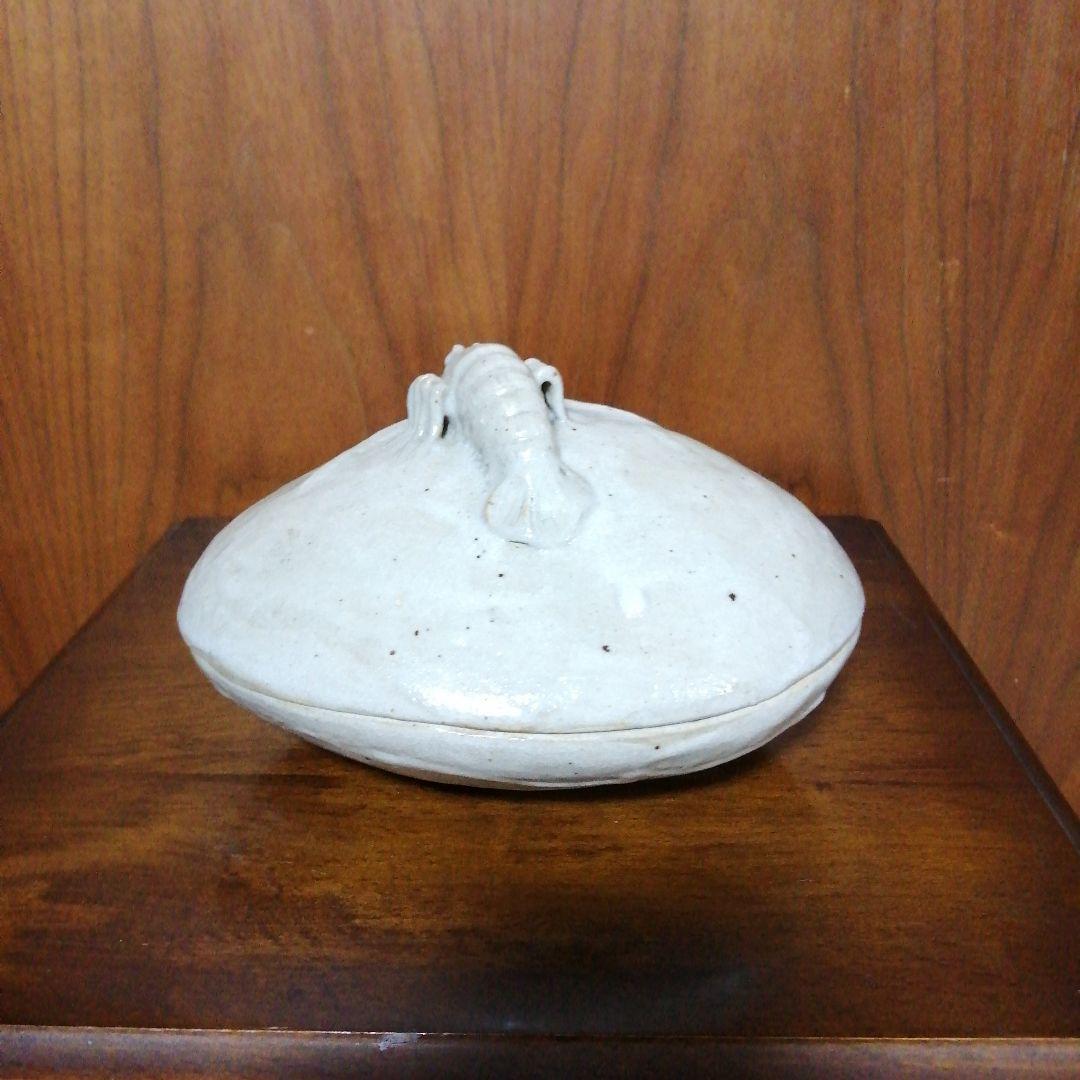 瀬戸焼　加藤作助　粉引海老摘蛤形食籠　18cm　大正〜昭和初期