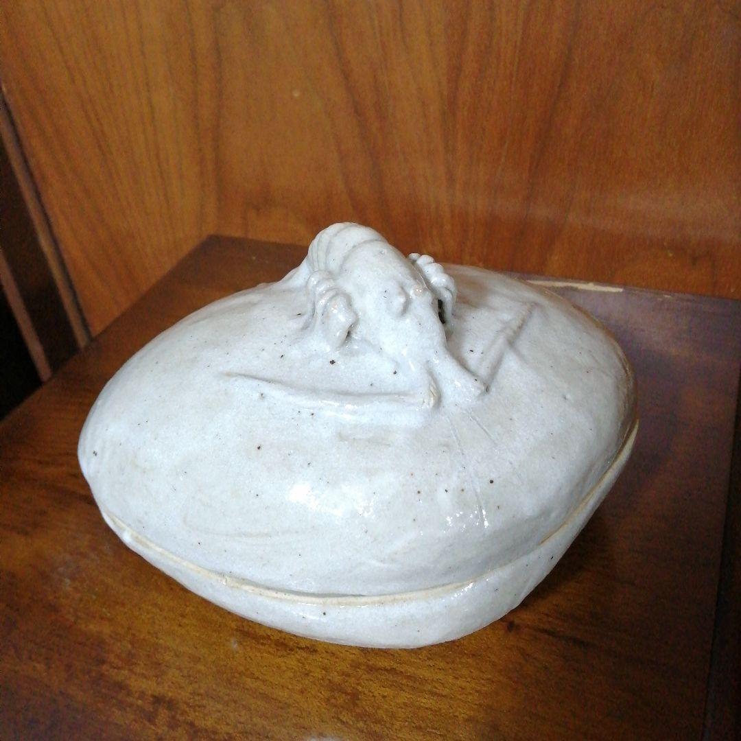 瀬戸焼　加藤作助　粉引海老摘蛤形食籠　18cm　大正〜昭和初期