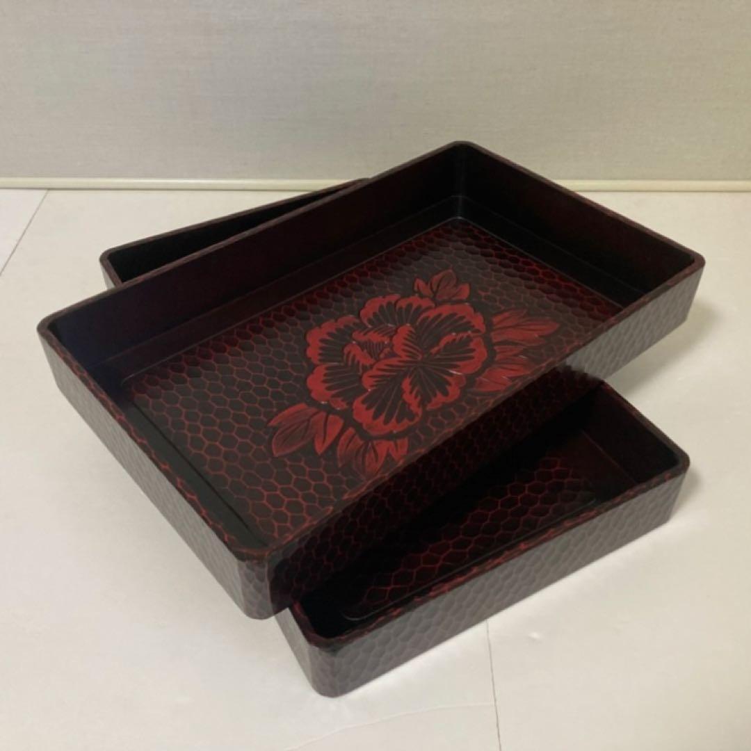 鎌倉彫 乱れ籠 衣装籠 盆 トレイ 2枚組 収納 木製 彫刻 漆塗 花柄 レトロ