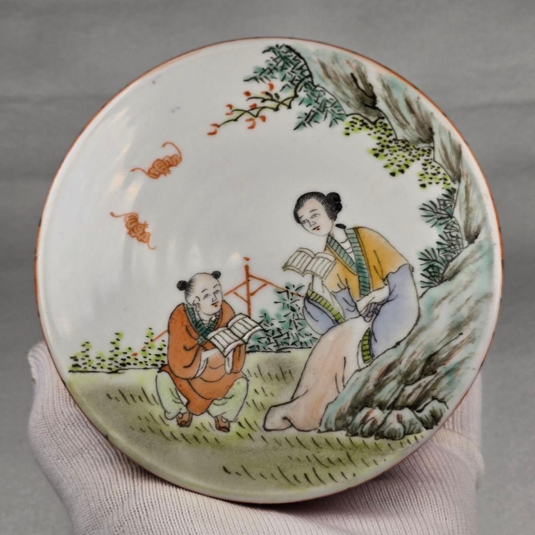 貴重 中国古美術 古磁 粉彩 手絵 描金 慈母教子図 手捧合 大香合 在銘
